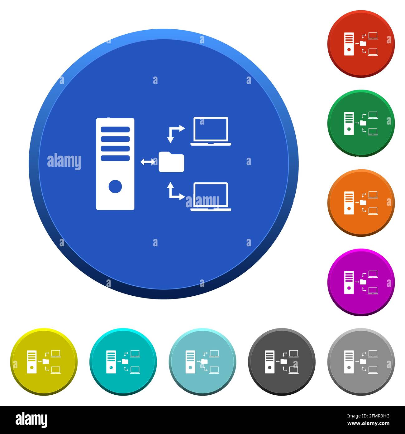 Network file system with server round color beveled buttons with smooth surfaces and flat white icons Stock Vector