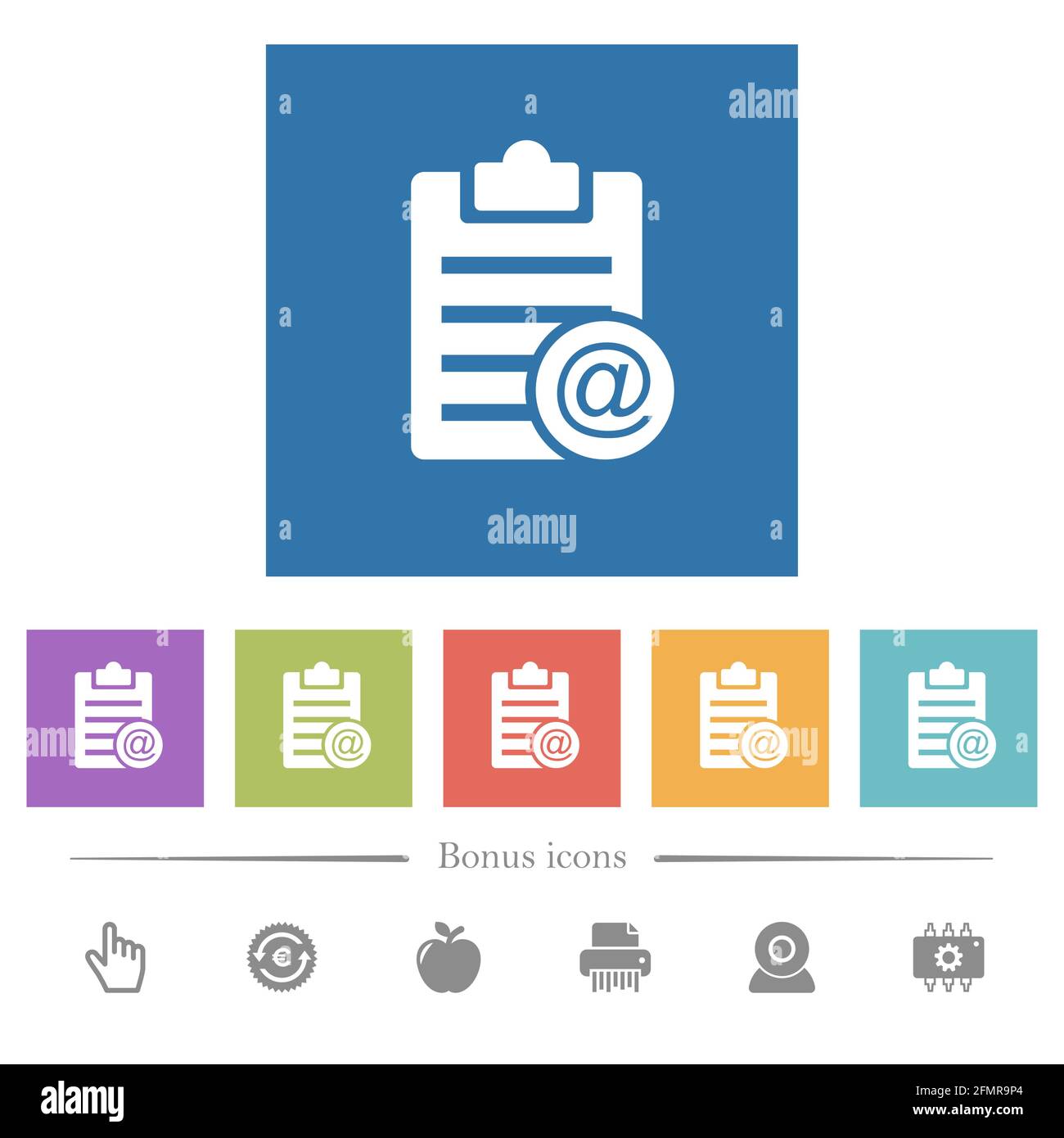Send note as email flat white icons in square backgrounds. 6 bonus ...