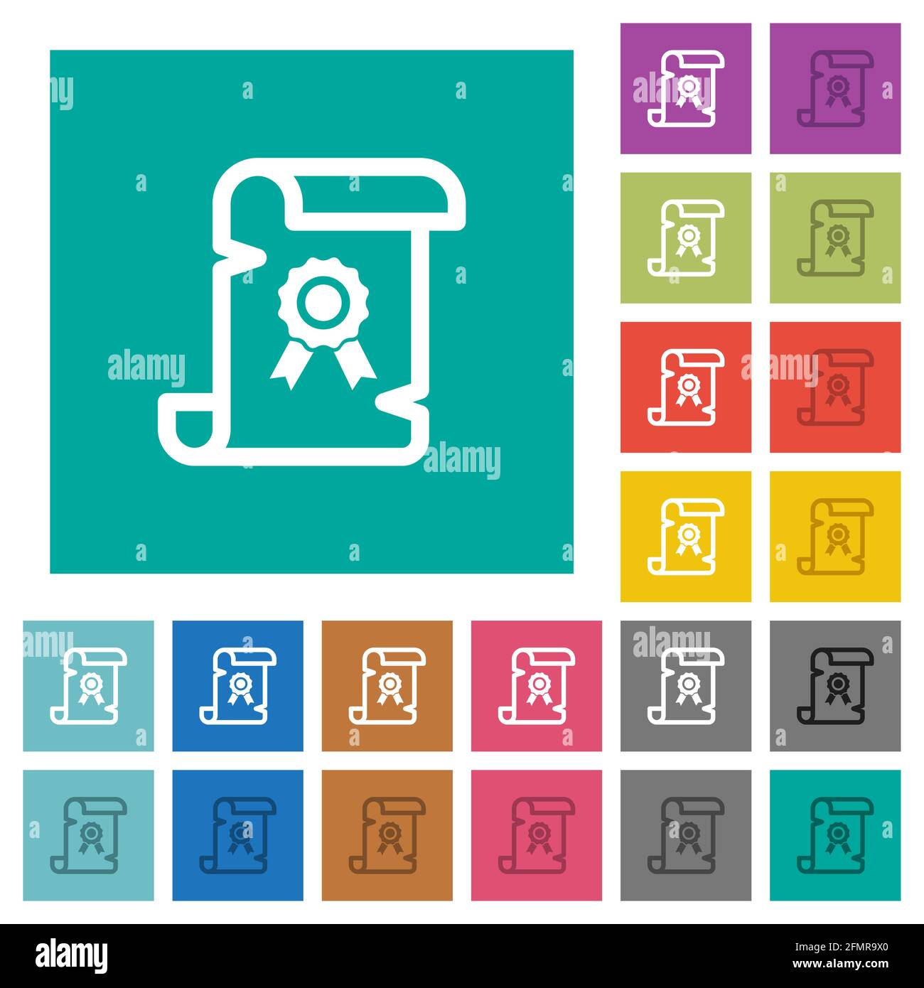 Old certificate multi colored flat icons on plain square backgrounds ...