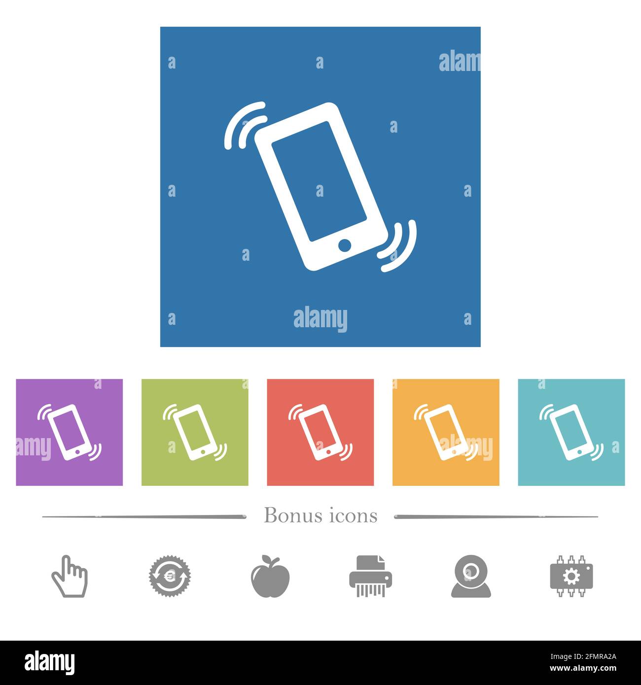 Ringing phone flat white icons in square backgrounds. 6 bonus icons ...