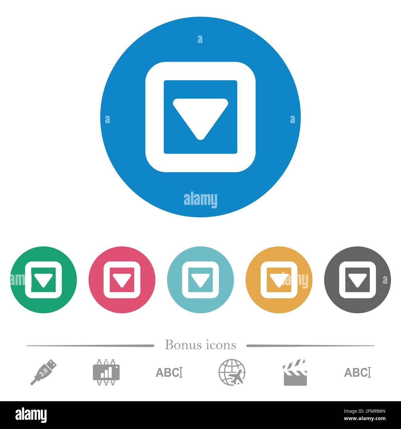 Toggle down flat white icons on round color backgrounds. 6 bonus icons ...