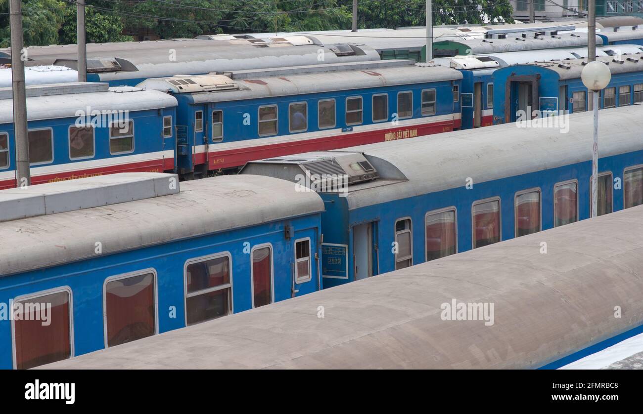 Reunification Express Railway Train Cars at Hanoi Station in Vietnam Stock Photo