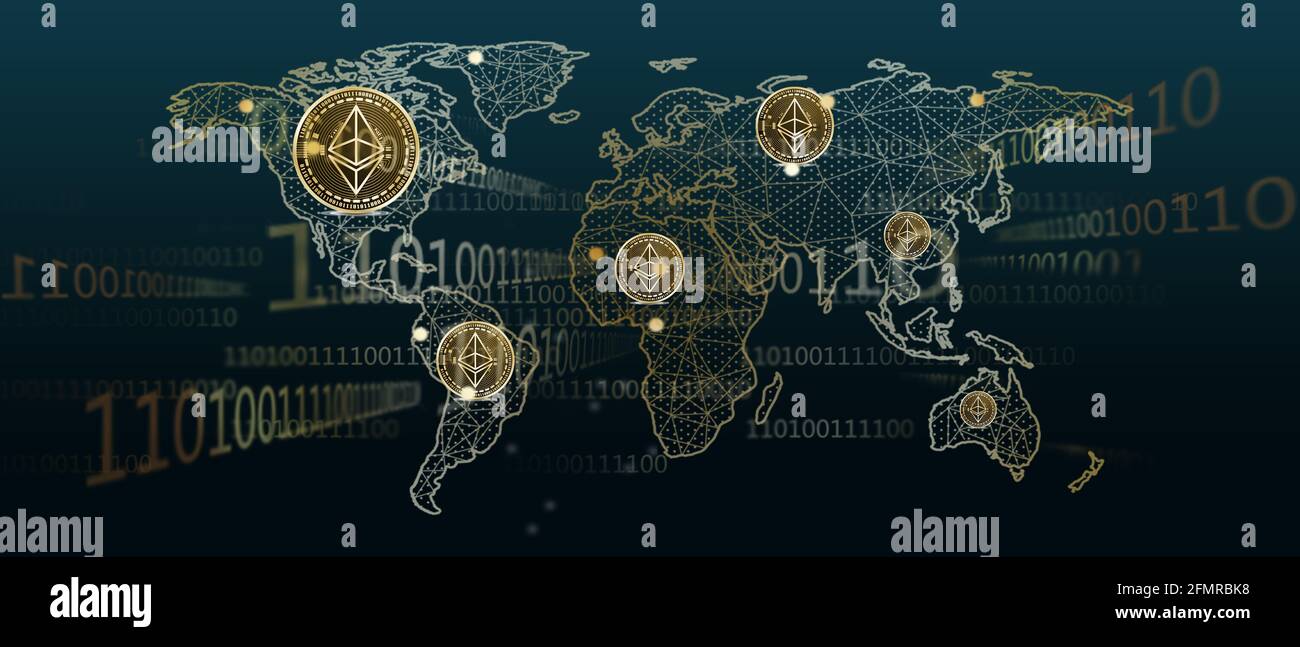 Worldwide cryptocurrency ethereum block chain concept on a world map  background. Gold ethereum coin icon on world map, 3d illustration Stock  Photo - Alamy
