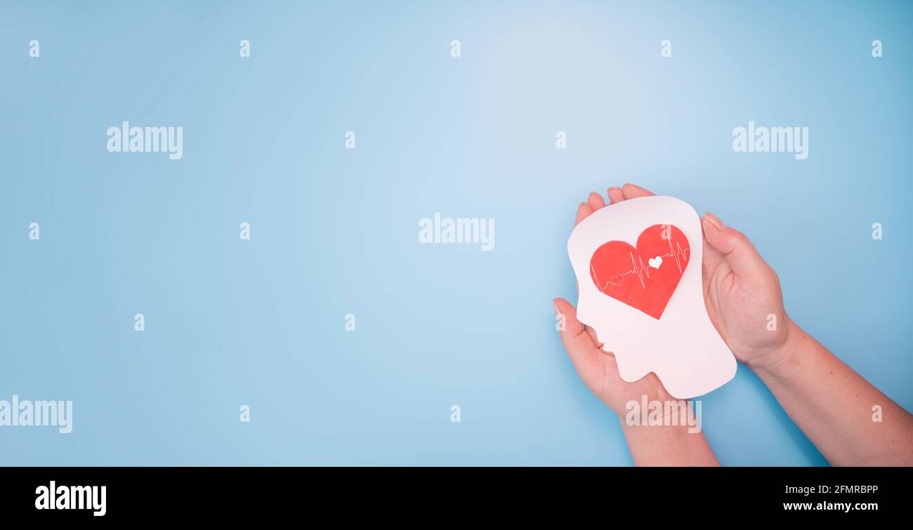 Hands holding paper head and heart. Alzheimer,  brain stroke, world heart day, world health day, world mental health day and wellness concept Stock Photo