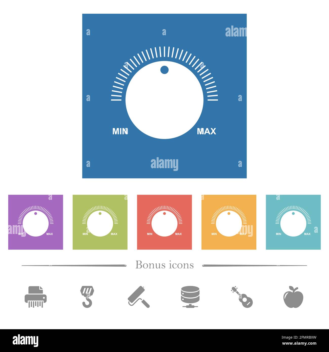 Volume control with captions flat white icons in square backgrounds. 6 ...