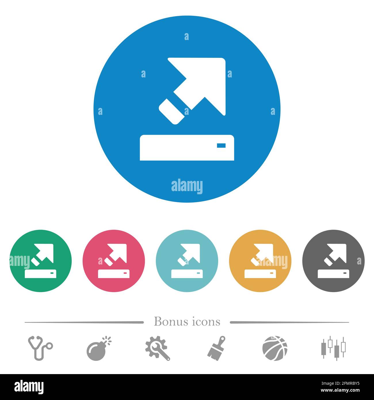 Export flat white icons on round color backgrounds. 6 bonus icons ...