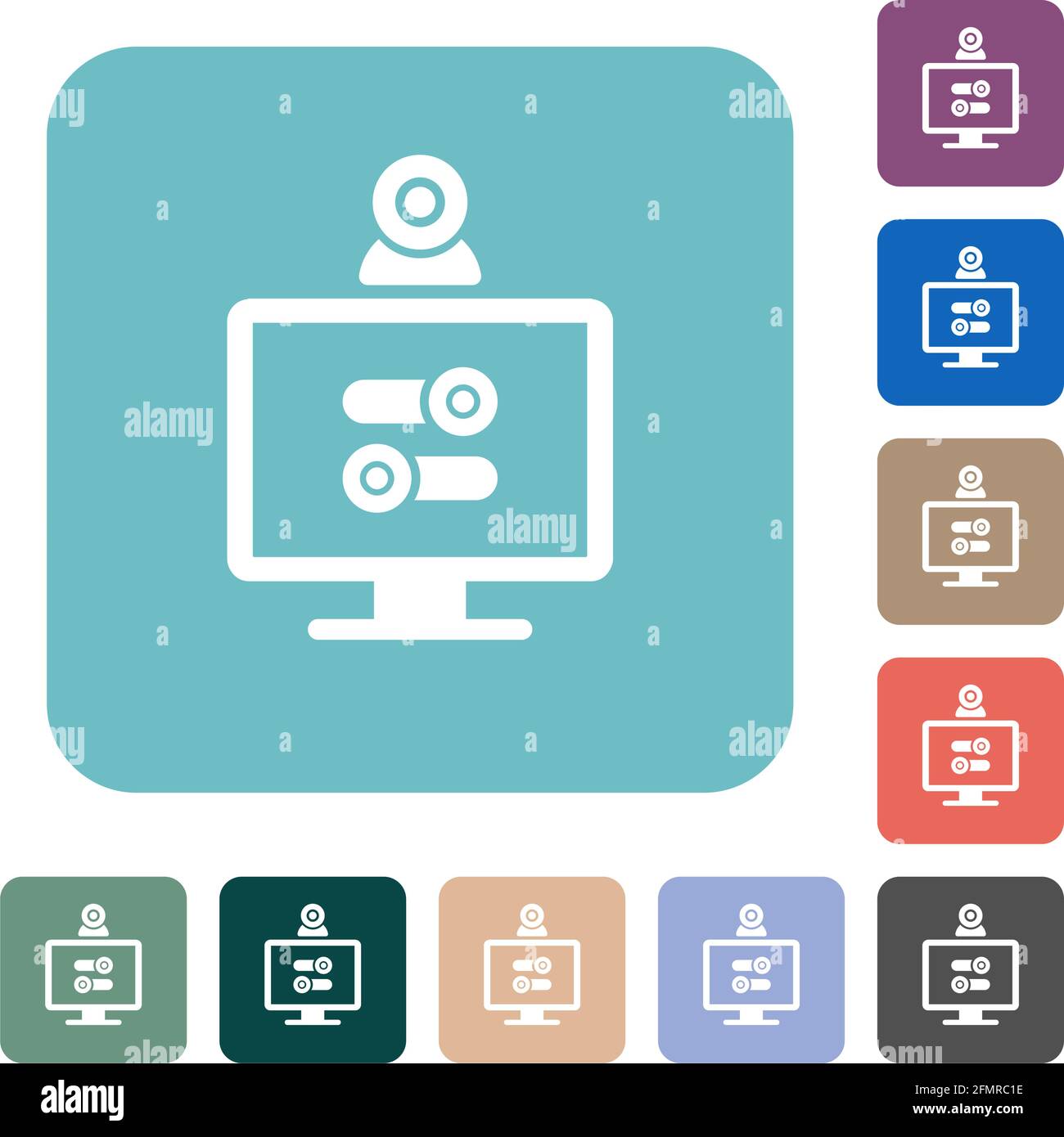 Webcam tweaking white flat icons on color rounded square backgrounds Stock Vector