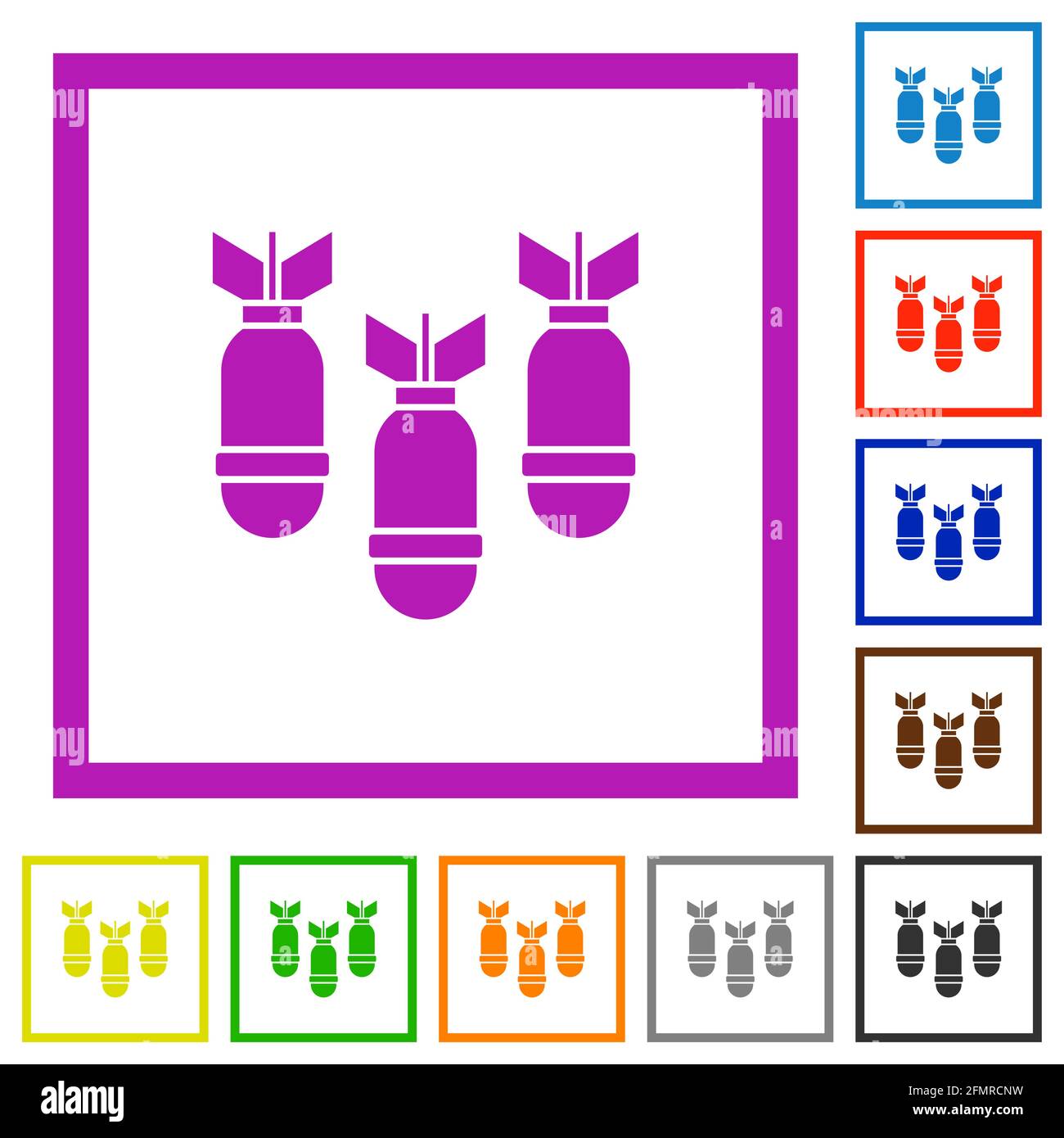 Three air bombs flat color icons in square frames on white background ...