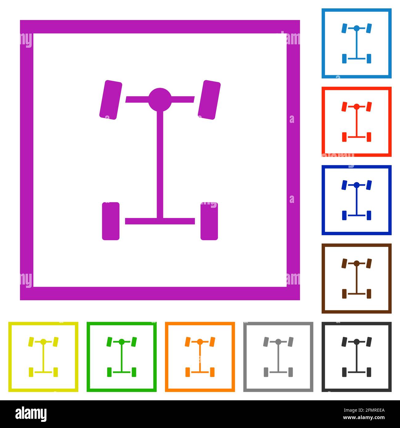 Front differential flat color icons in square frames on white ...