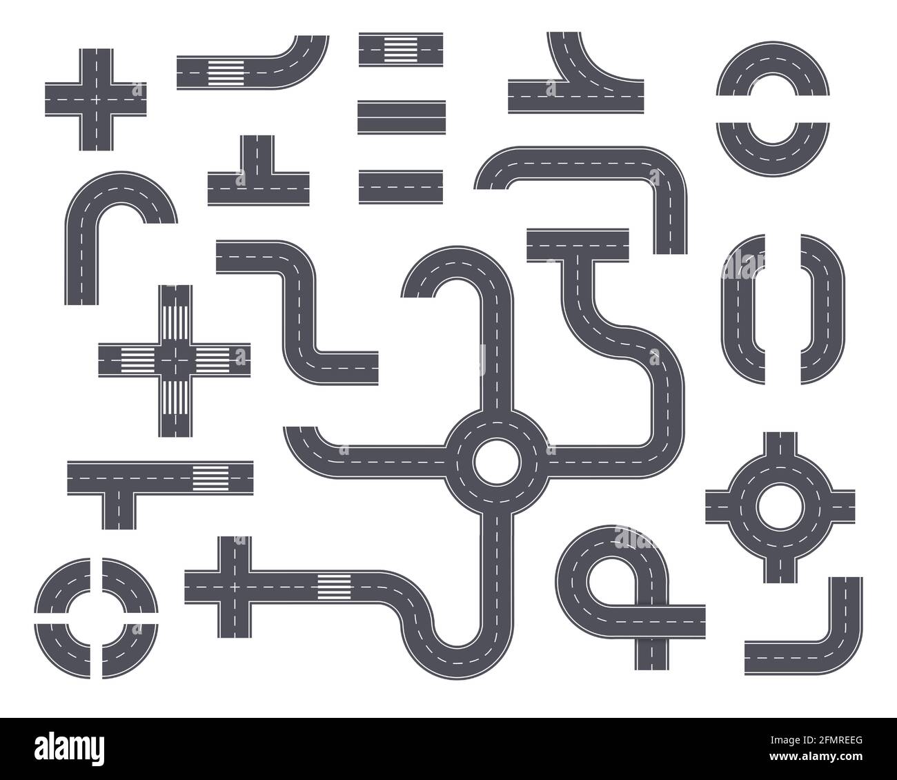 Road elements. Top view highway with footpath, ring road, crossroad, curved path. Asphalt street parts with markings for city map vector set. Way constructor for town transportation Stock Vector