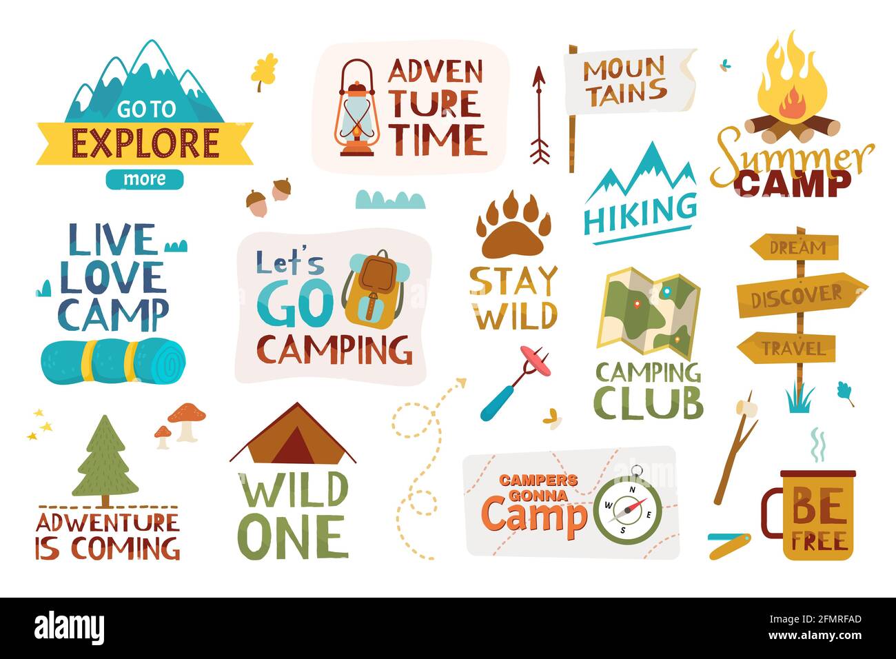 Camping lettering. Summer camp, traveling, mountain hiking. Adventure