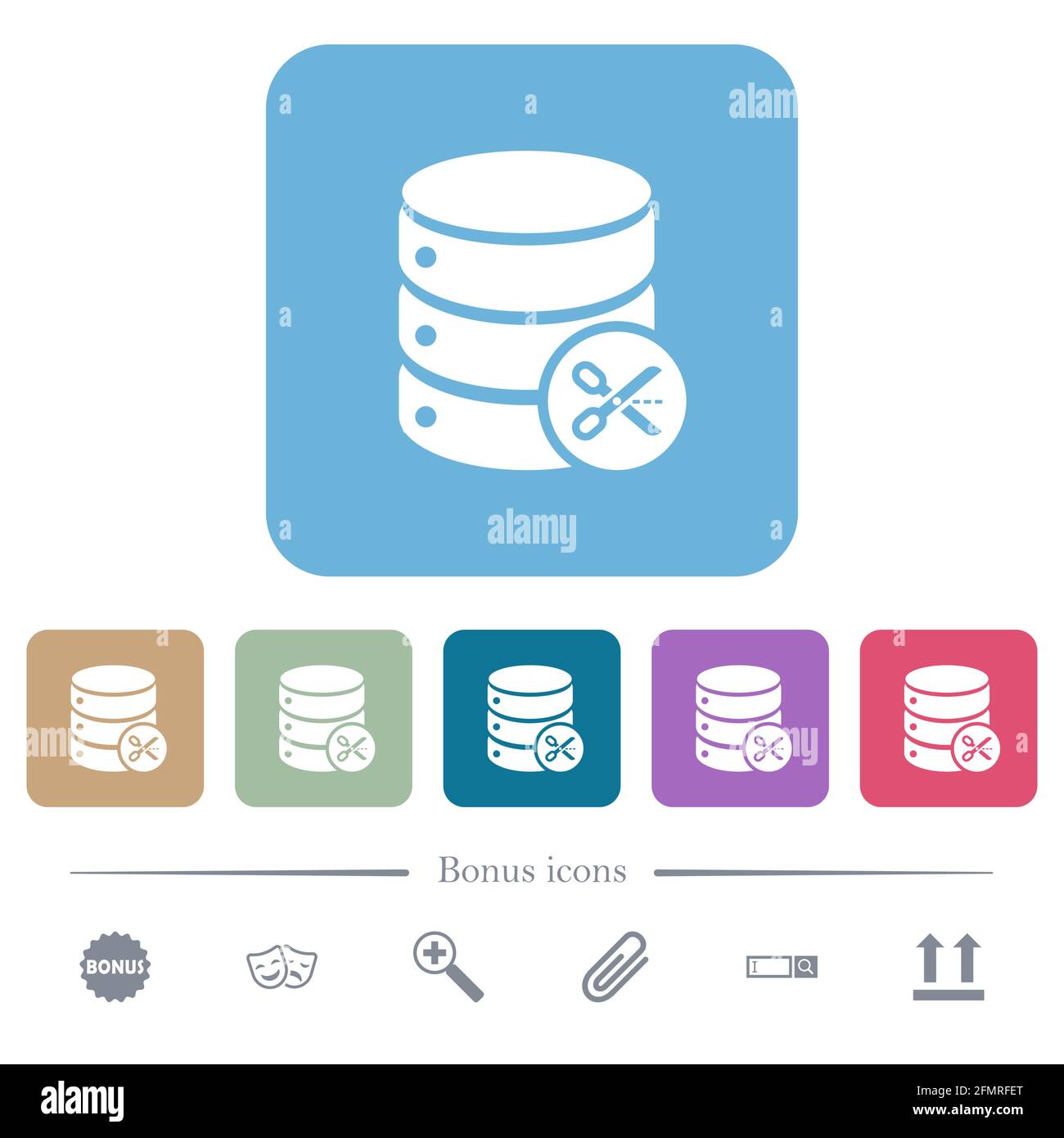 Database cut white flat icons on color rounded square backgrounds. 6 bonus icons included Stock Vector