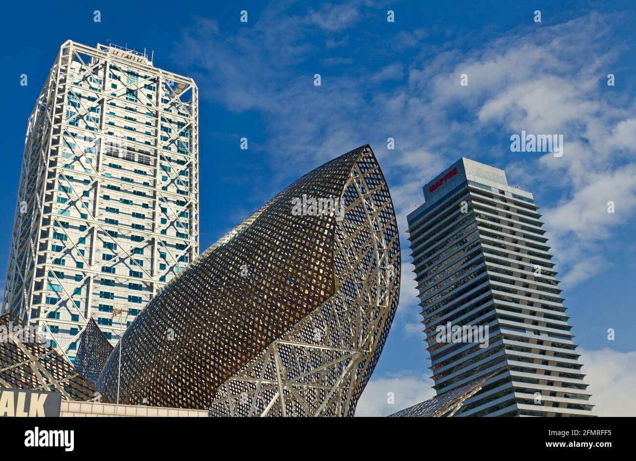 BARCELONA, SPAIN - SEPTEMBER 04: Frank Gehry's modern El Peix d'Or sculpture is located in Barcelona's Vila Olimpica, Olympic Village for the 1992 Stock Photo