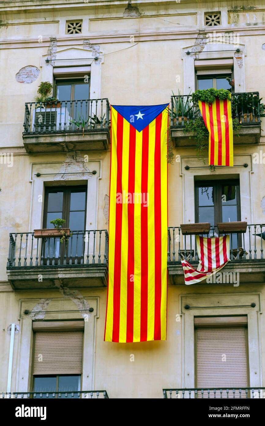 Catalan flags placed on balconies, Something done the day of National Day of Catalonia Stock Photo