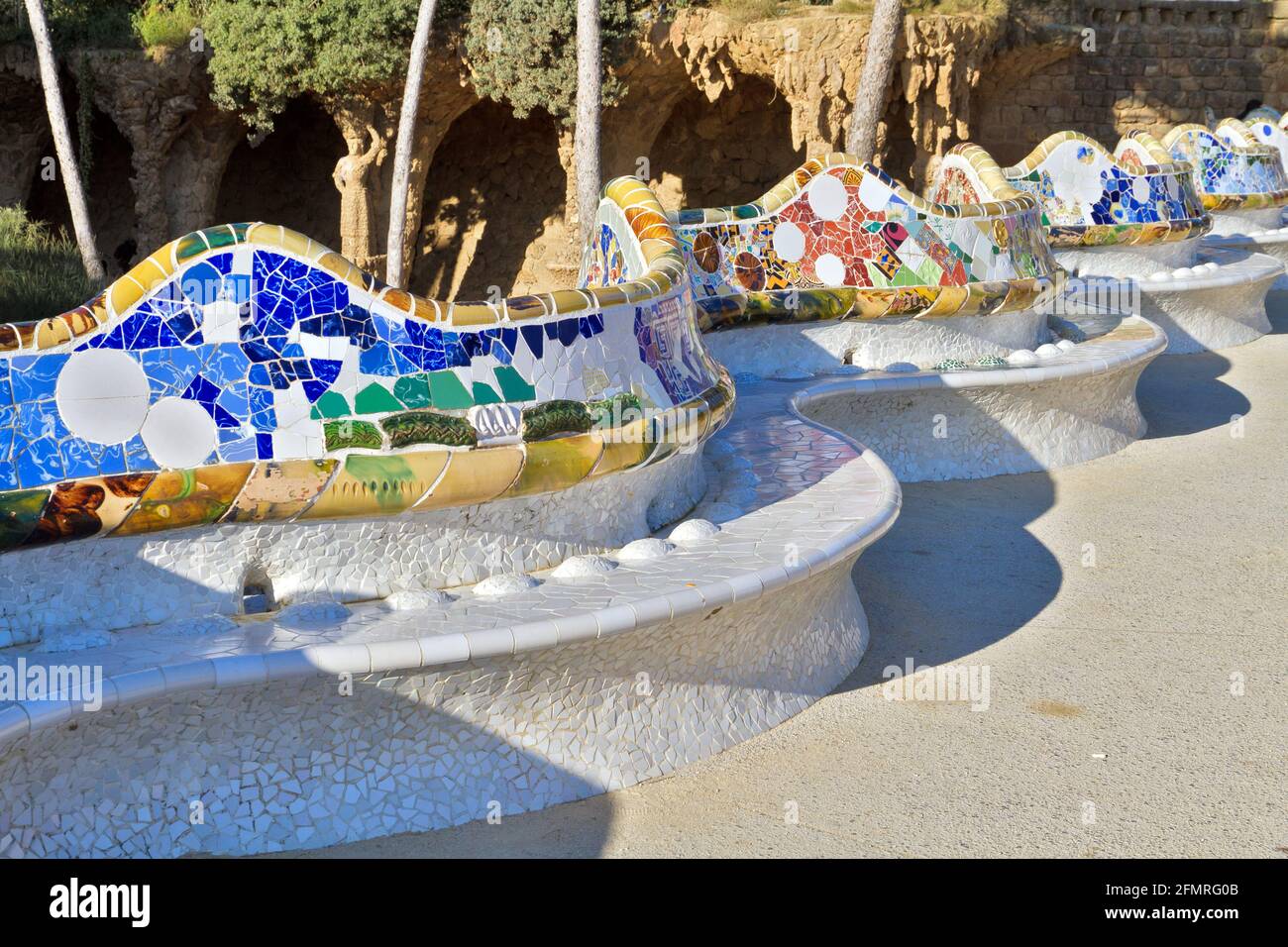 Antoni Gaudi hause and ceramic bench in Park Guell, Barcelona, Spain Stock Photo