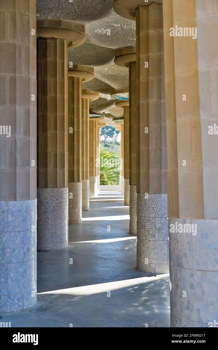 BARCELONA - JANUARY 08: Inclined Columns of the Hypostyle Hall of Park Guell on January 08, 2012 in Barcelona. Also known as Hall of 100 columns, the Stock Photo