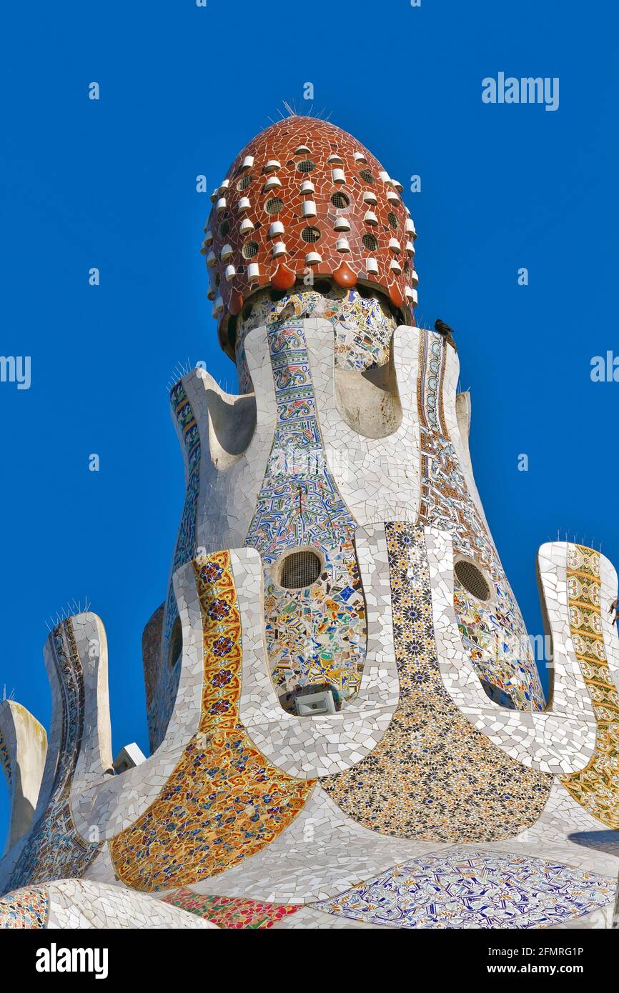 Barcelona: detail of the main entrance building at Parc Guell, the ...