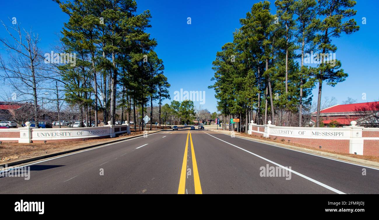 Oxford, MS - February 2, 2021: University of Mississippi sign at the entrance of Campus in Oxford, MS Stock Photo