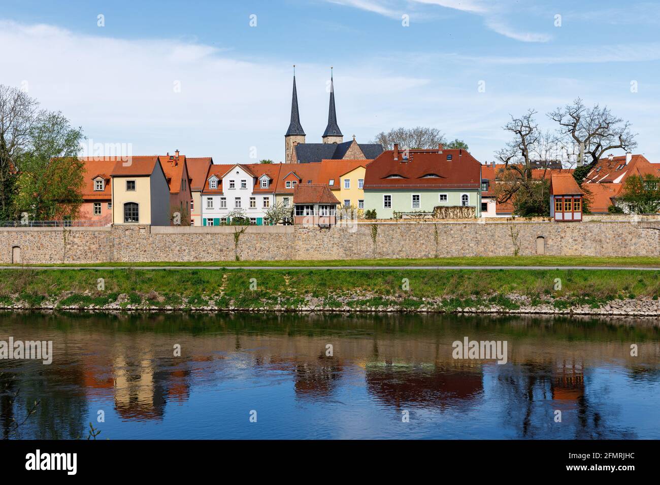 Grimma, Saxony, Germany- 05 11 2021, the small town on the river Mulde is known as the 'pearl of the Mulde valley'-Modern flood protection wall in the Stock Photo