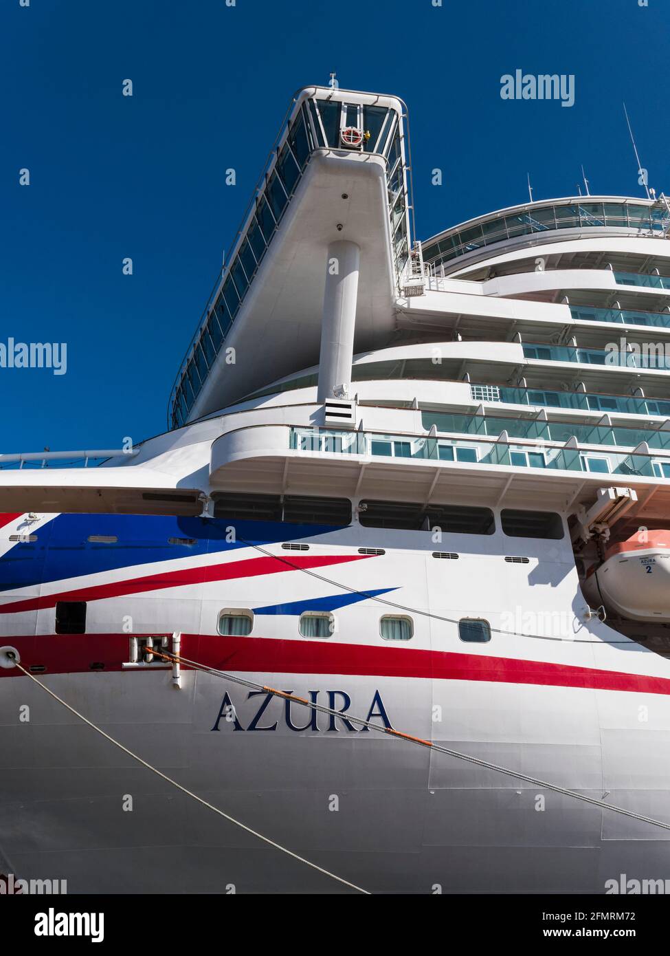 Bow of the cruise ship MS Azura, of the P & O fleet, berthed on the river Tyne. Built by Fincantieri at Monfalcone in Italy the Azura is currently the Stock Photo