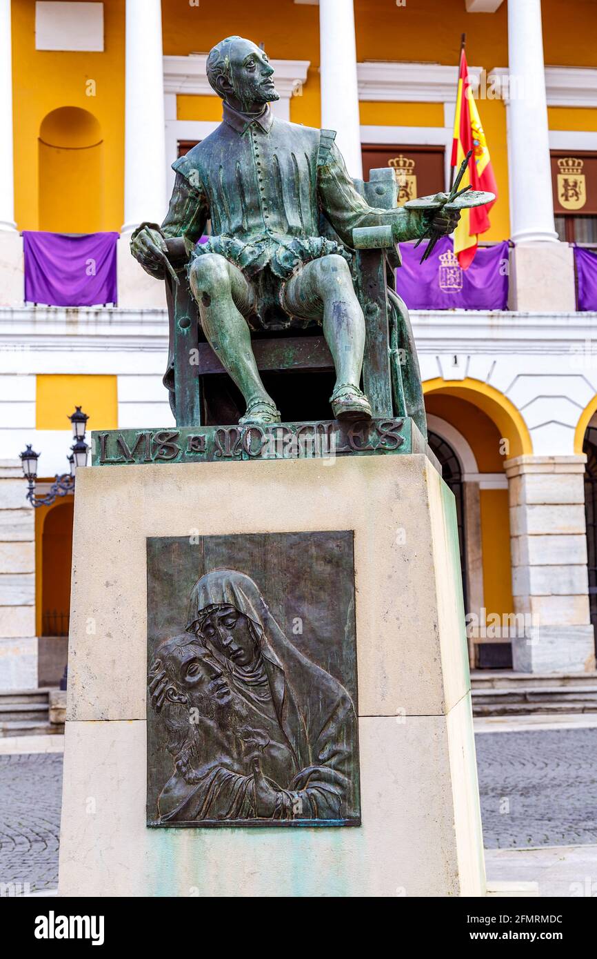 Badajoz, Spain - March 19, 2016: In 1925 was placed in the Plaza of Spain, opposite the City Hall, a bronze statue representing the pacense painter Lu Stock Photo