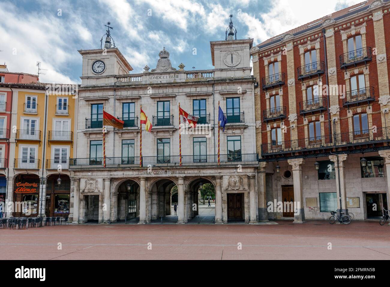 Burgos, Spain - August 29, 2016: Town hall of the city, with porticoed arches to be able to join the square with the promenade, Stock Photo