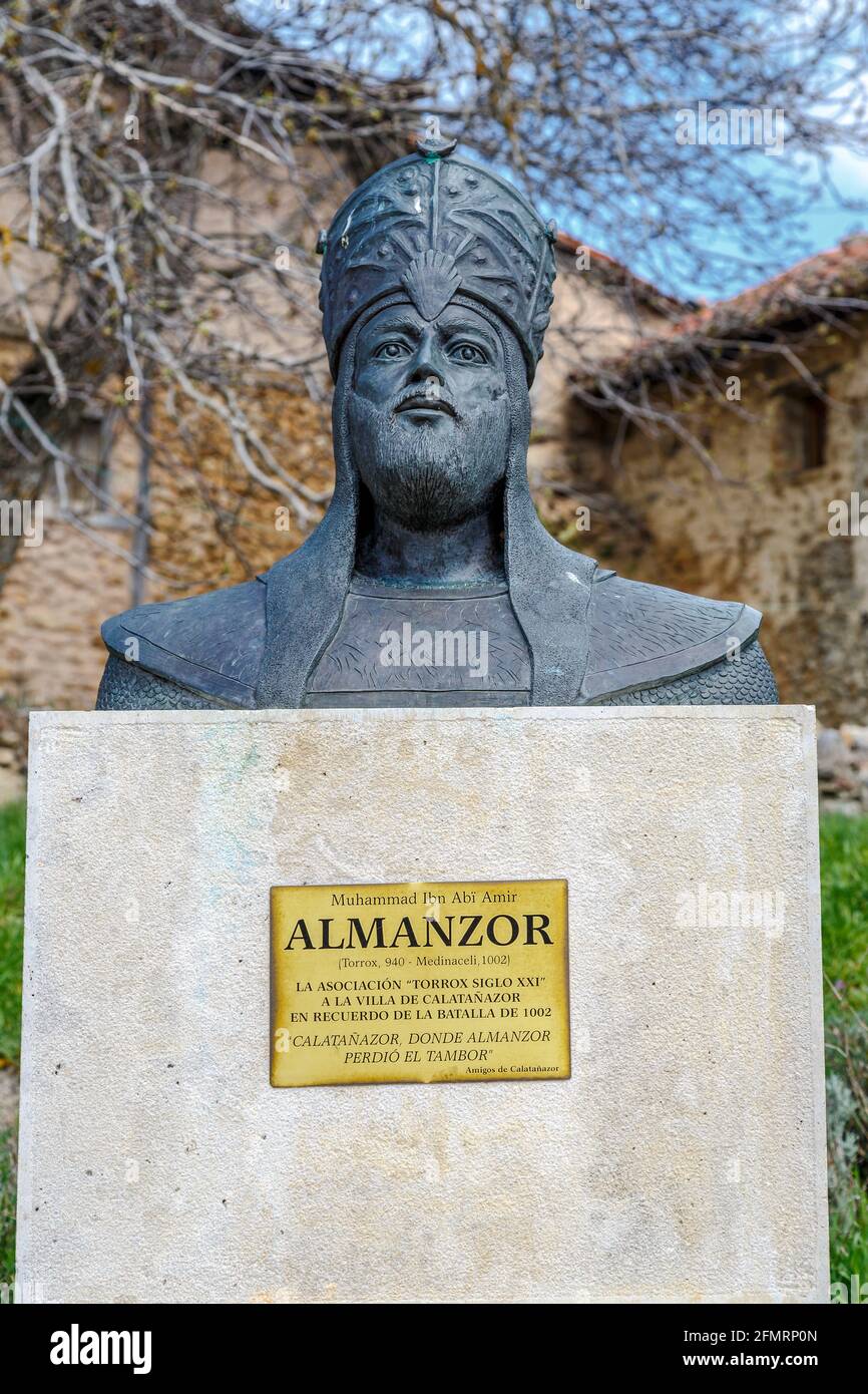 Calatanazor, Spain - April 12, 2014: Statue of Almanzor: Bust of the Muslim leader whose defeat in the legendary battle of Calatanazor has made known Stock Photo