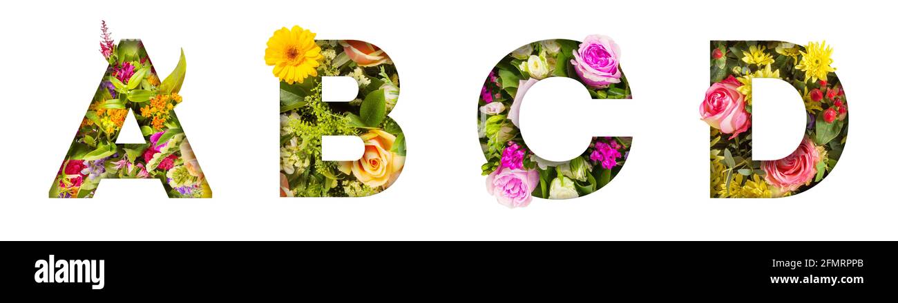 Floral letters. The letters A, B, C, D are made from colorful flower photos. A collection of wonderful flora letters Stock Photo