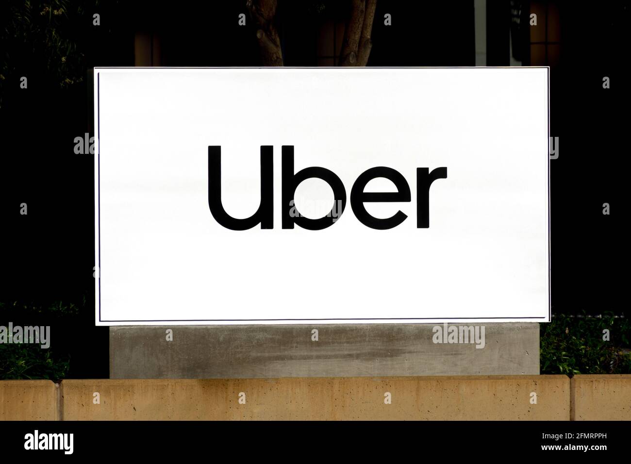 Uber sign, logo at world headquarters of Uber Technologies. Uber 