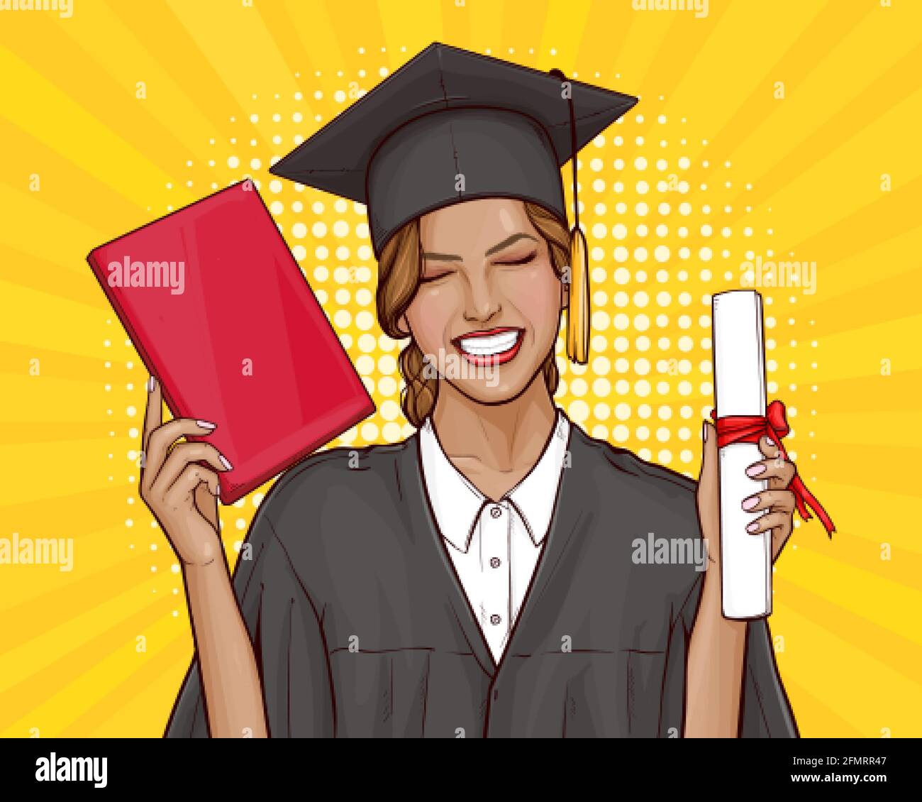 Happy young girl graduate student in mantle and graduation cap holding university diploma in her hand. Concept of celebrating the graduation ceremony. Vector pop art illustration on yellow background. Stock Vector