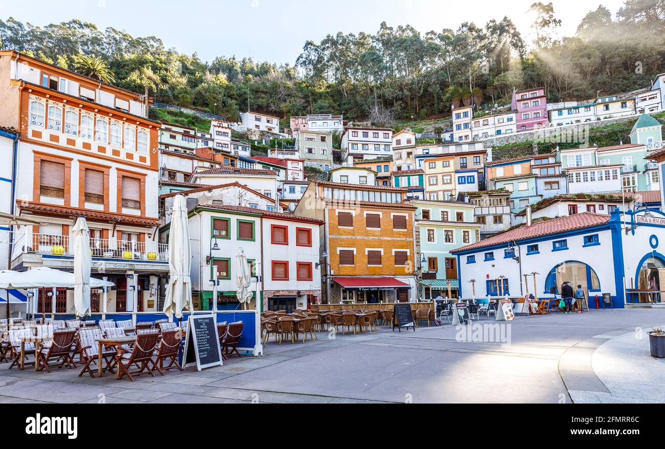 Cudillero, Spain - March 31, 2015: Coastal town of Cudillero Asturias Spain with terraced houses. North of Spain fishing village today mainly devoted Stock Photo