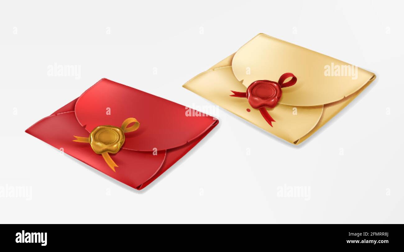 Golden and red vintage envelopes with wax seals. Closed blank with round stamp with ribbon. Paper cover, antique message, letter package, document or postcard. Realistic 3d vector mockup. Stock Vector
