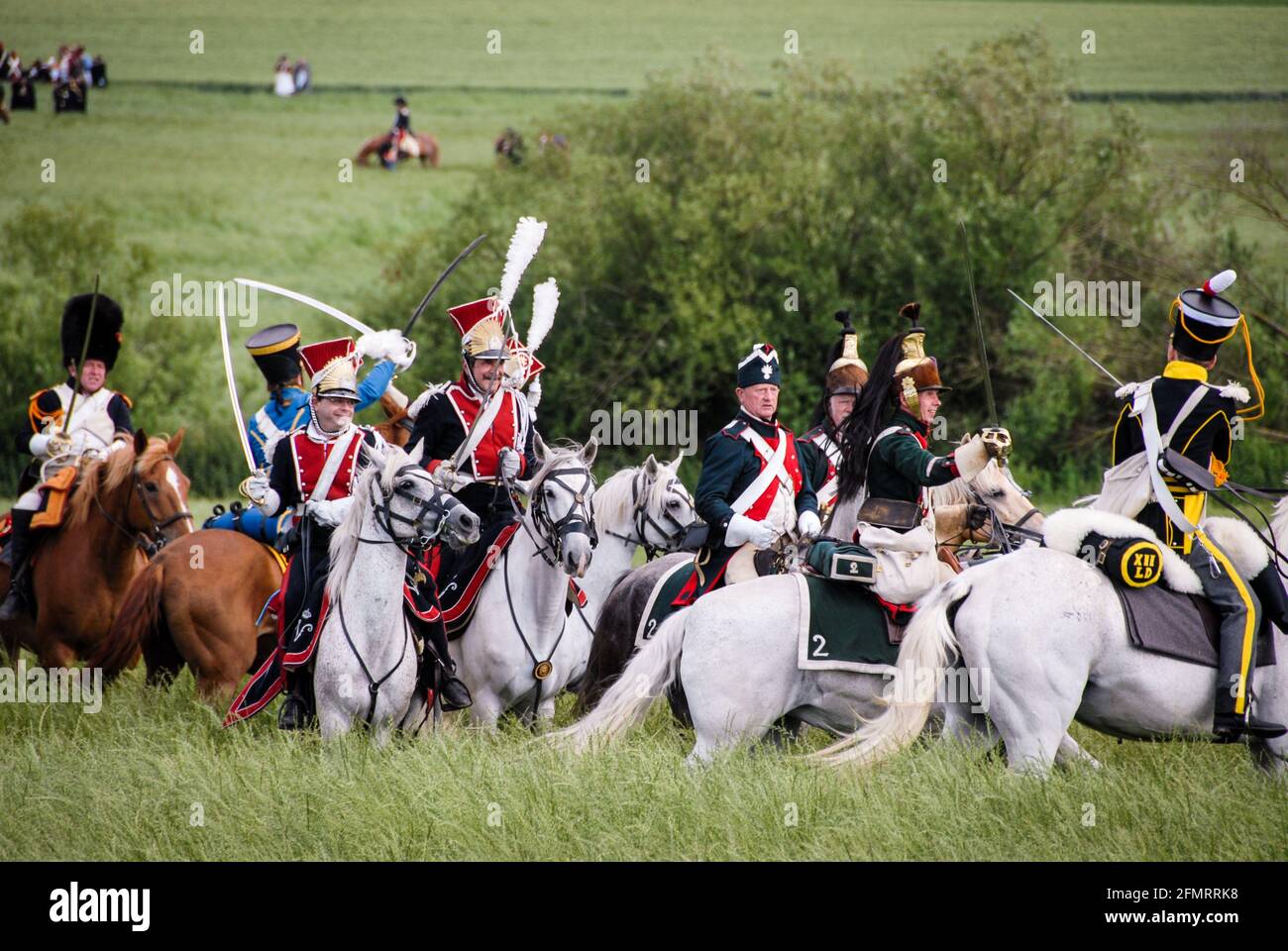 Combat between English and French cavalry during the re-enactment of the Battle of Waterloo. Stock Photo