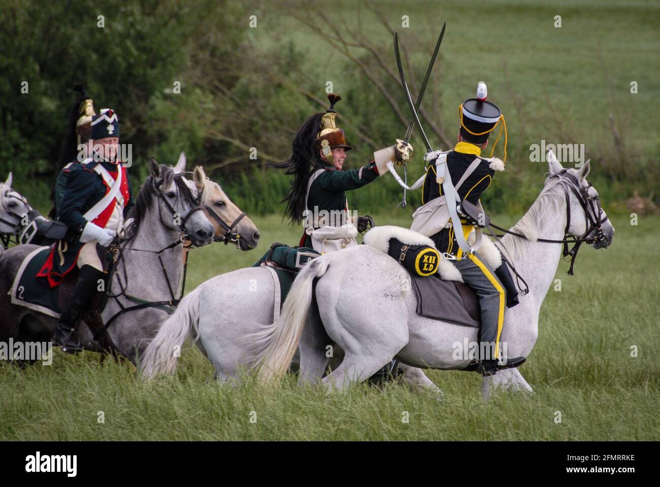 Combat between English and French cavalry during the re-enactment of the Battle of Waterloo. Stock Photo