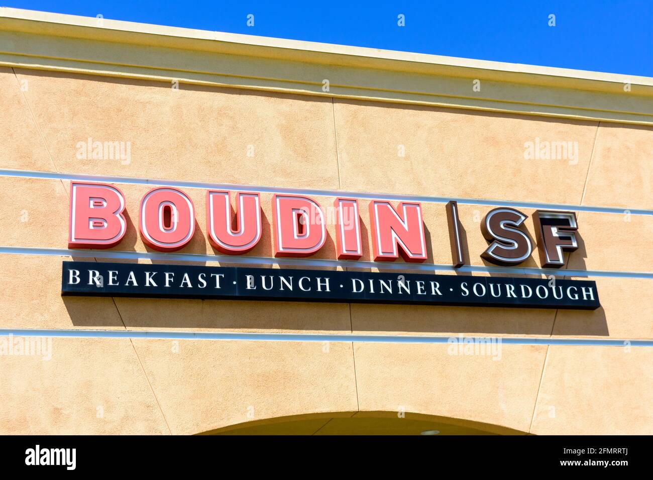 Boudin Bakery sign, logo on the cafe location - San Jose California, USA - 2021 Stock Photo