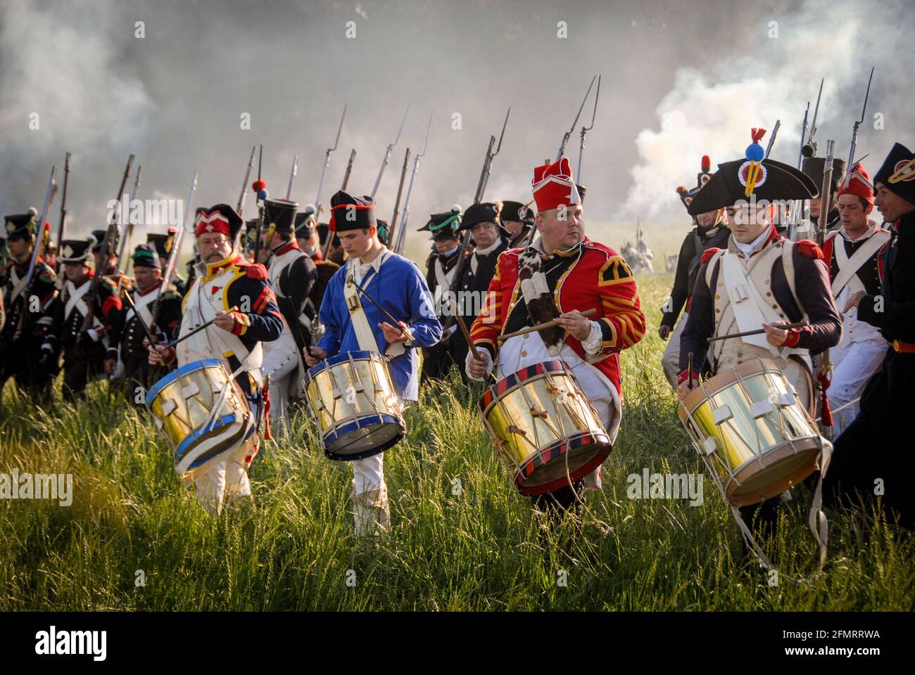 French army drummers in their colourful uniforms during the re