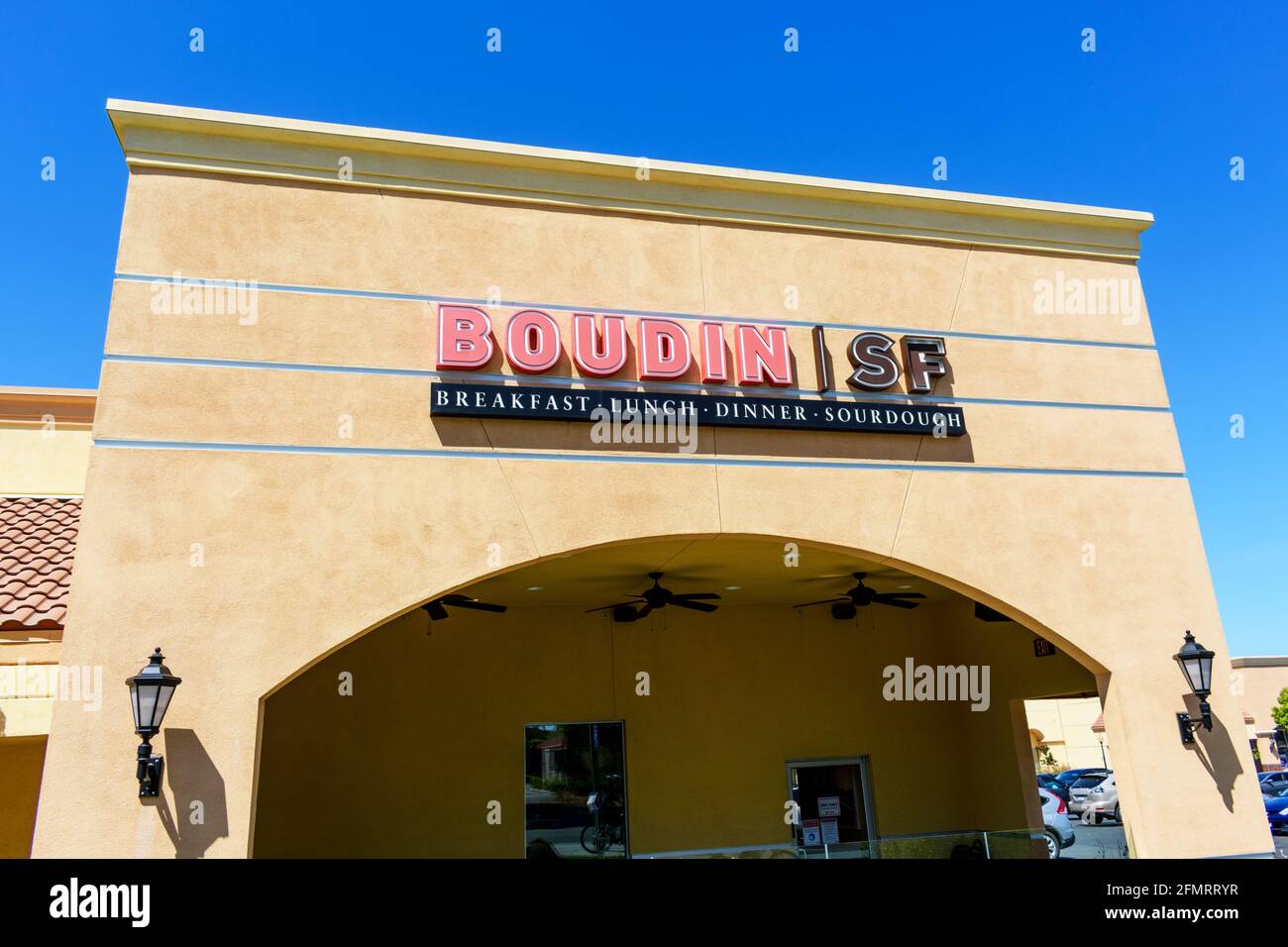 Boudin Bakery sign, logo above the entrance to the cafe location - San Jose California, USA - 2021 Stock Photo