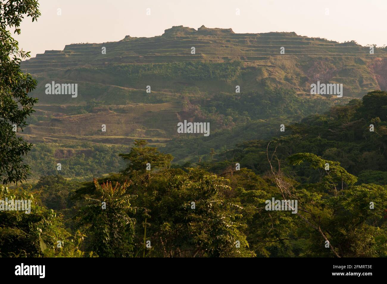 Edge of Sapo National Park showing mining just beyond its boundary - threatening to encroach on this protected area and damage its wildlife. Stock Photo