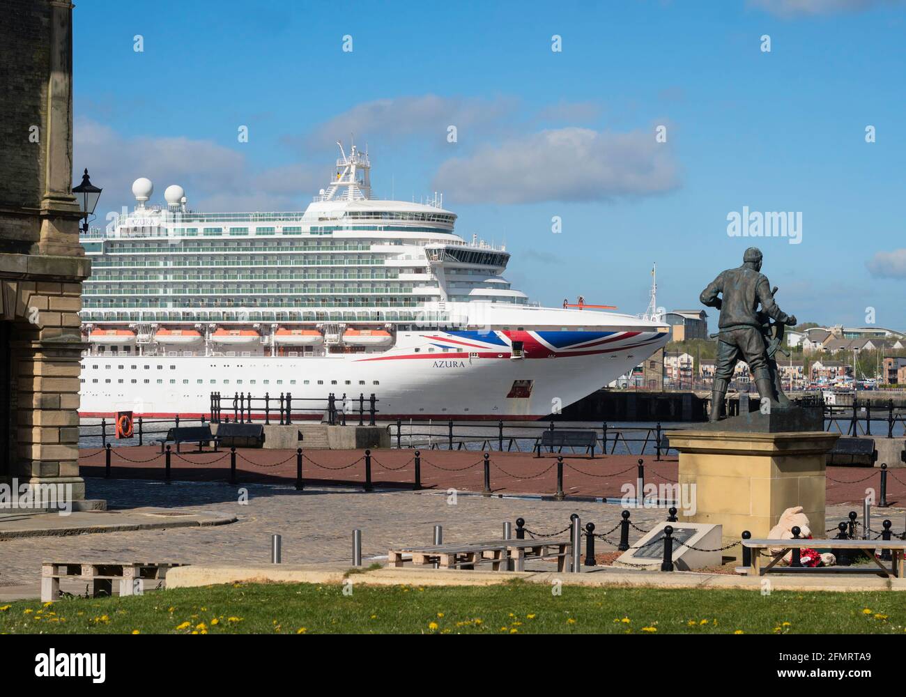 Laid up P & O cruises cruise ship Azura on the river Tyne at North Shields, seen from the Merchant Navy Memorial South Shields  north east England, UK Stock Photo