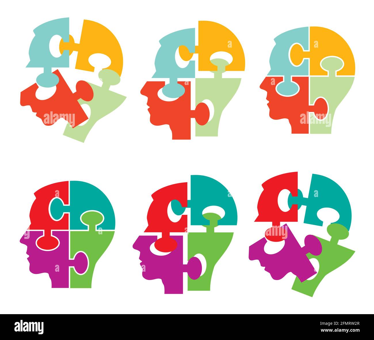 Colorful Puzzle Piece Silhouette Heads,psychology concept. Disassembled Puzzle male head silhouette symbolizing concentration, mindfulness. Stock Vector