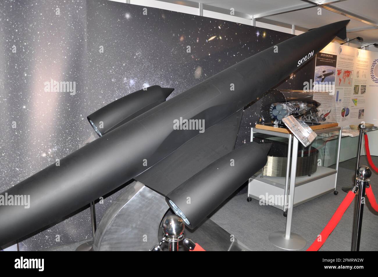 Reaction Engines Limited Skylon spaceplane concept model on display at Farnborough International Airshow 2010, UK. Exhibition hall trade stand Stock Photo
