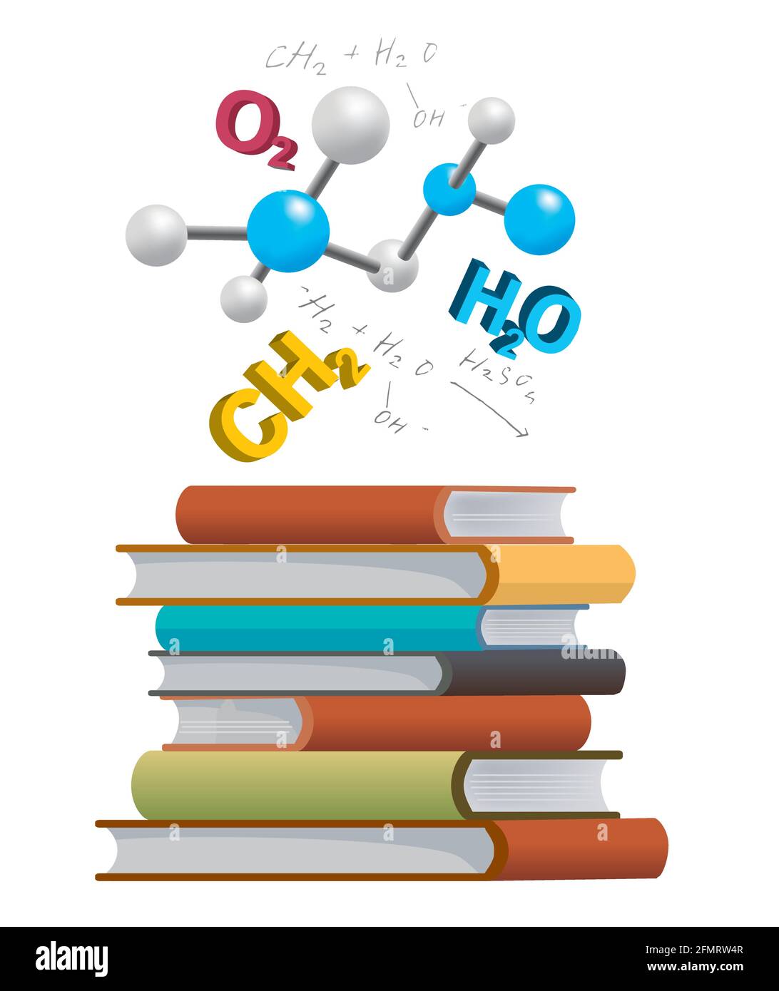 Chemistry textbooks. Illustration of Pile of books with 3d chemical symbols and formulas. Vector available. Stock Vector