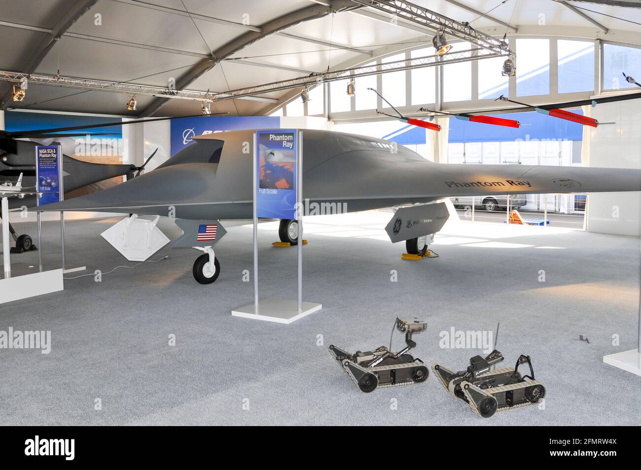 Boeing Phantom Ray UCAV at Farnborough International Airshow 2010, UK. Stealth unmanned combat air vehicle (UCAV) of flying wing design Stock Photo