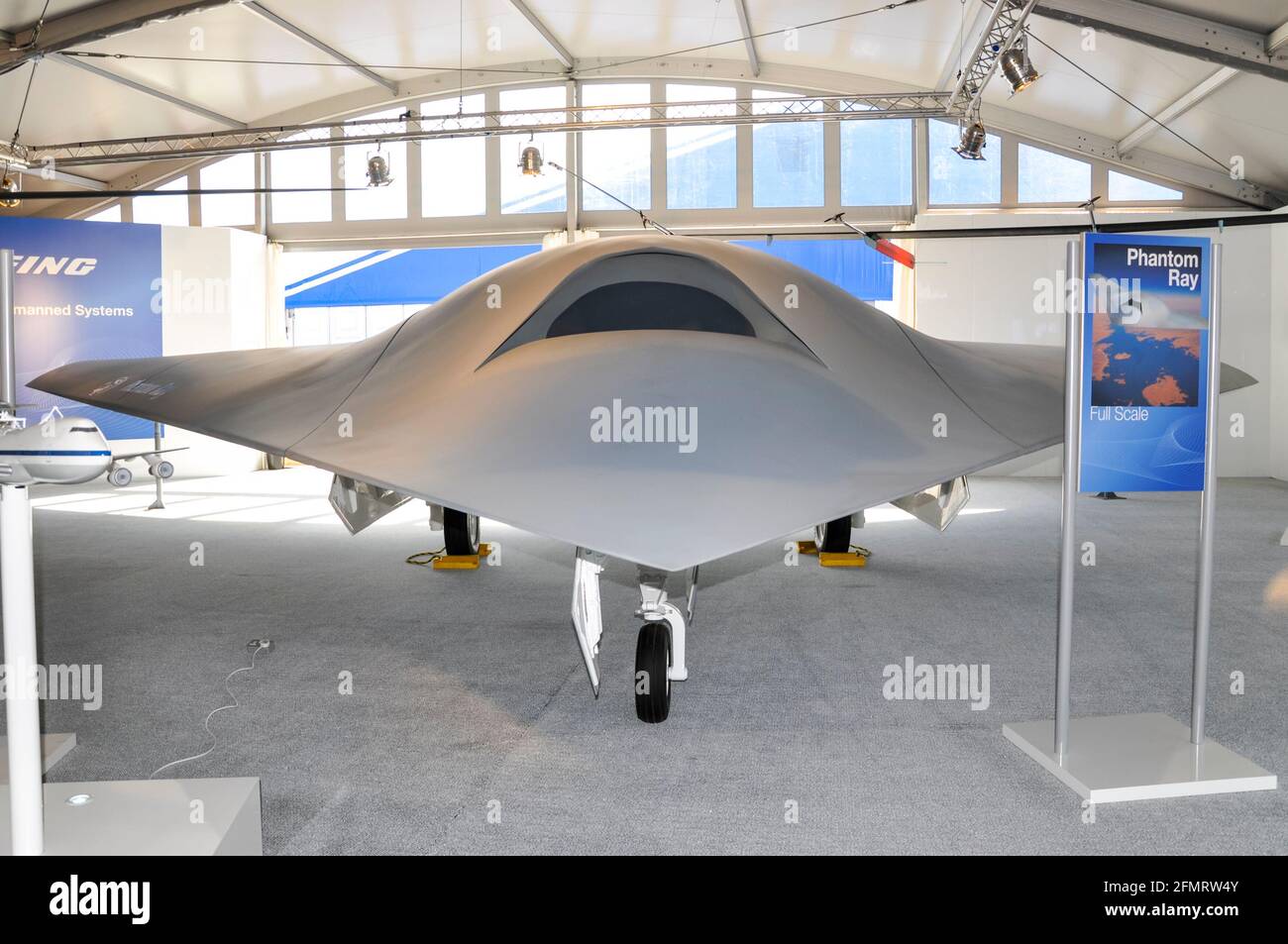 Boeing Phantom Ray UCAV at Farnborough International Airshow 2010, UK. Stealth unmanned combat air vehicle (UCAV) of flying wing design Stock Photo