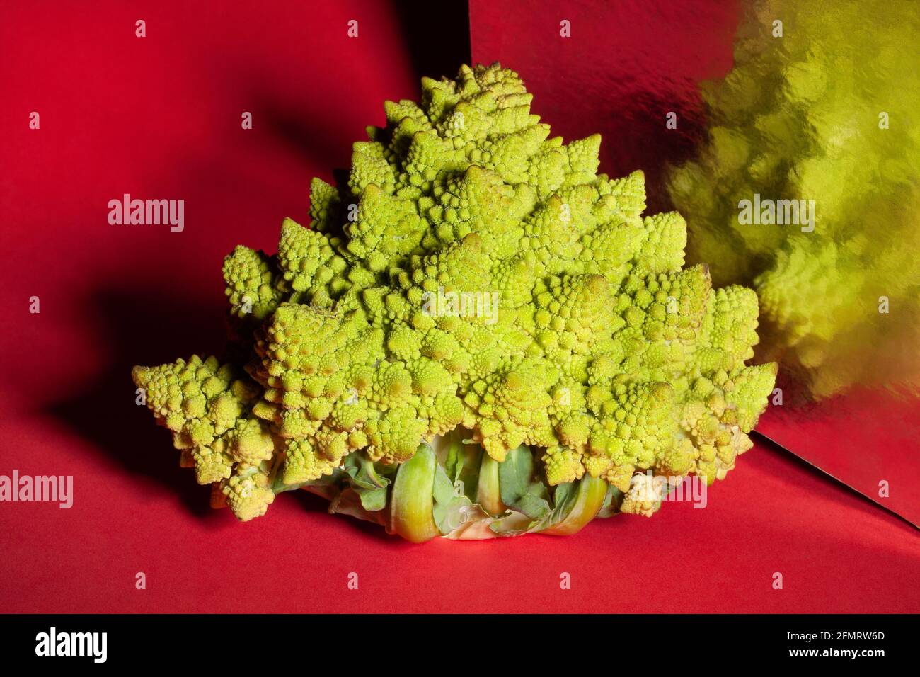mirrored romanesco broccoli on red background Stock Photo
