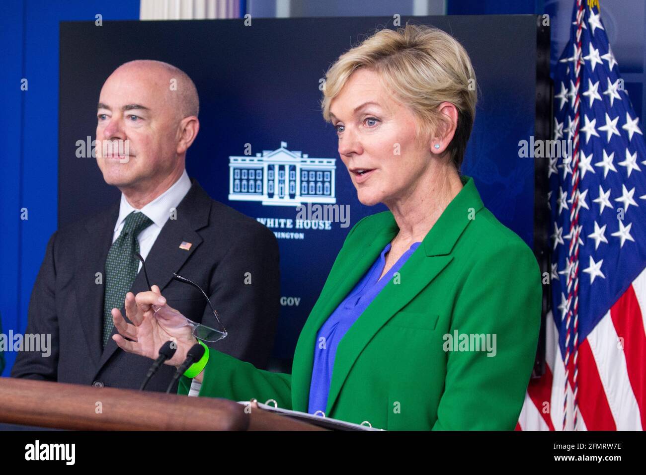 US Secretary of Homeland Security Alejandro Mayorkas (L) and US Secretary of Energy Jennifer Granholm (R) participate in a news conference during which the shutdown of the Colonial Pipeline was discussed, in the James Brady Press Briefing Room of the White House, in Washington, DC, USA, 11 May 2021. A demand for gasoline in Southeastern states has spiked following the shutdown of Colonial Pipeline due to a cyberattack.Credit: Michael Reynolds/Pool via CNP /MediaPunch Stock Photo