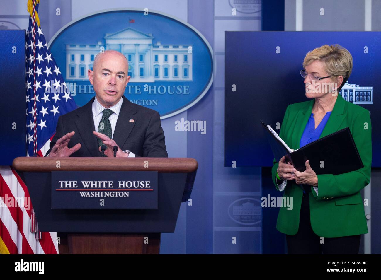 US Secretary of Homeland Security Alejandro Mayorkas (L) and US Secretary of Energy Jennifer Granholm (R) participate in a news conference during which the shutdown of the Colonial Pipeline was discussed, in the James Brady Press Briefing Room of the White House, in Washington, DC, USA, 11 May 2021. A demand for gasoline in Southeastern states has spiked following the shutdown of Colonial Pipeline due to a cyberattack.Credit: Michael Reynolds/Pool via CNP /MediaPunch Stock Photo