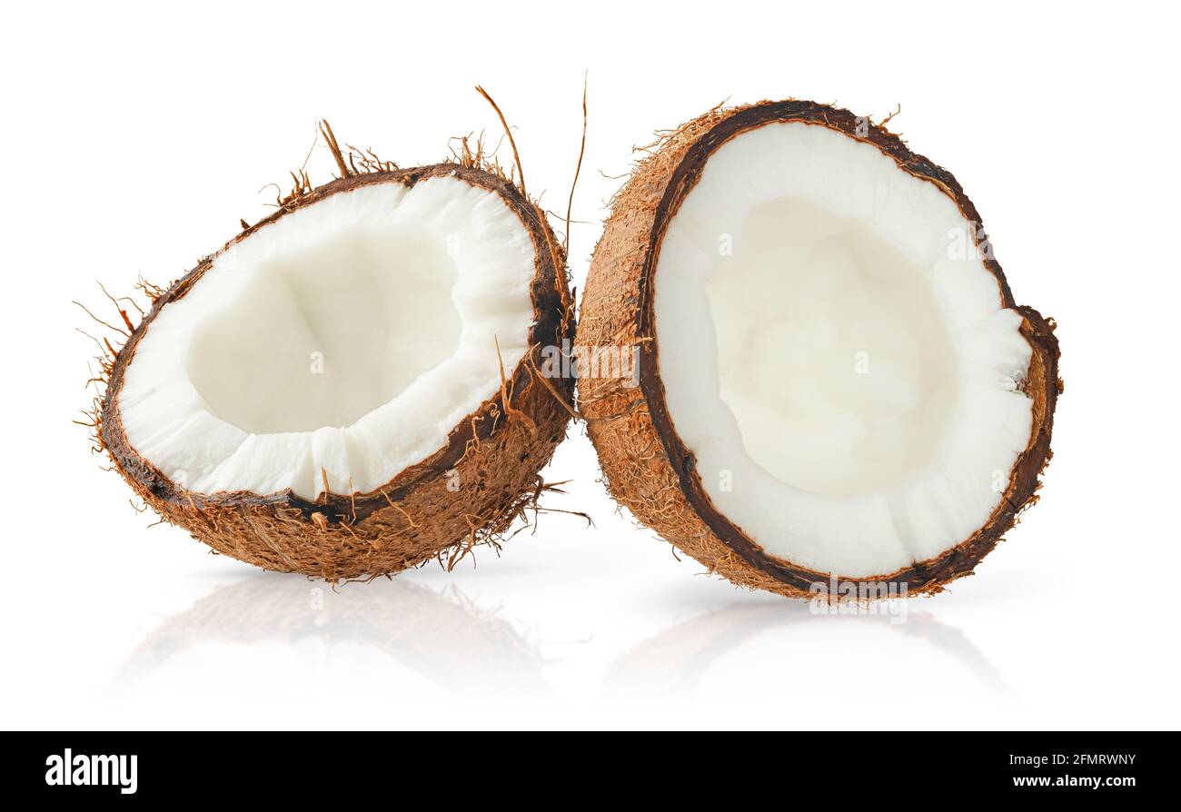 Coconut halves isolated on white background with clipping path. Stock Photo