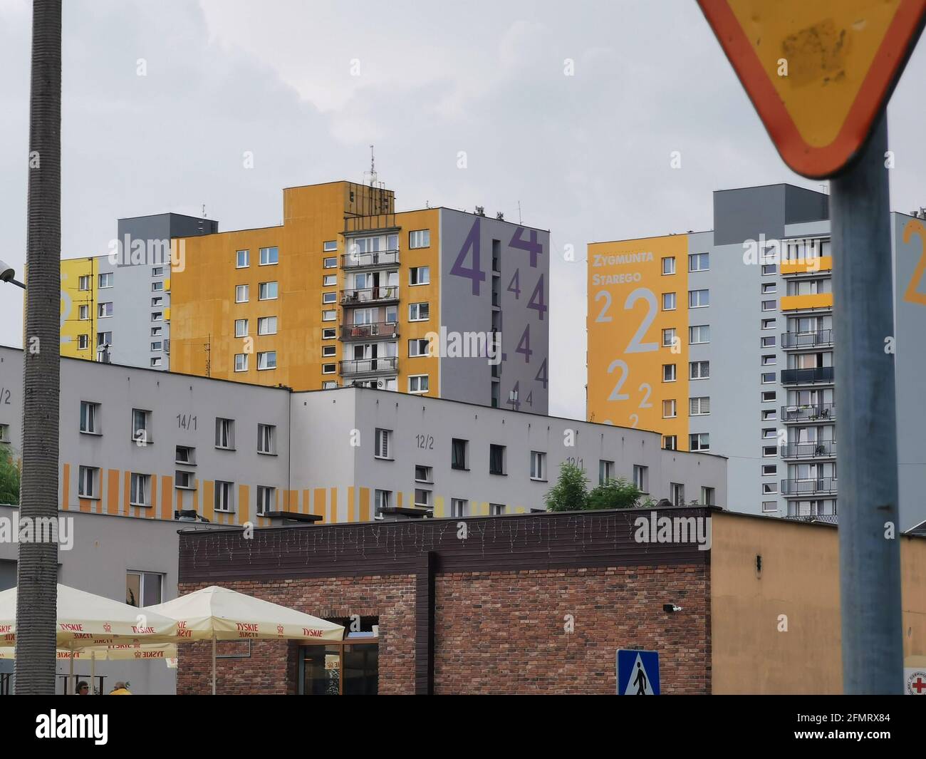 Tall, high buildings close up, colorful city. Piekary Slaskie, Poland Stock Photo