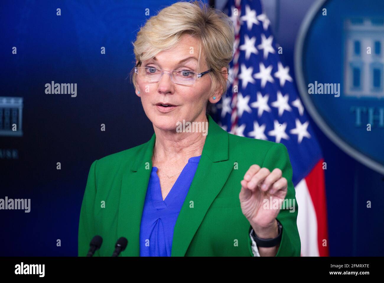 Washington, DC, USA. 11th May, 2021. US Secretary of Energy Jennifer Granholm participates in a news conference during which the shutdown of the Colonial Pipeline was discussed, in the James Brady Press Briefing Room of the White House, in Washington, DC, USA, 11 May 2021. A demand for gasoline in Southeastern states has spiked following the shutdown of Colonial Pipeline due to a cyberattack.Credit: Michael Reynolds/Pool via CNP | usage worldwide Credit: dpa/Alamy Live News Stock Photo